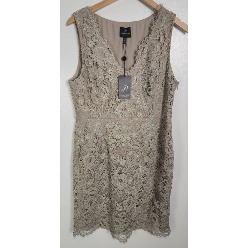 Adrianna Papell Women's Sz. 16 V Neck Lace Sheath Sleeveless Dress In Taupe NWT